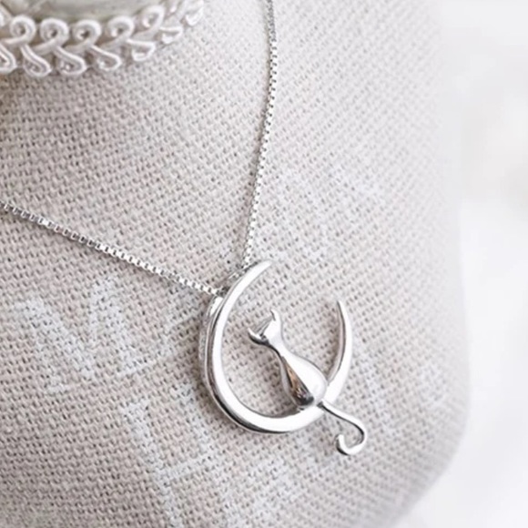 Sterling Silver Cat Moon Necklace - Picture 2 of 2